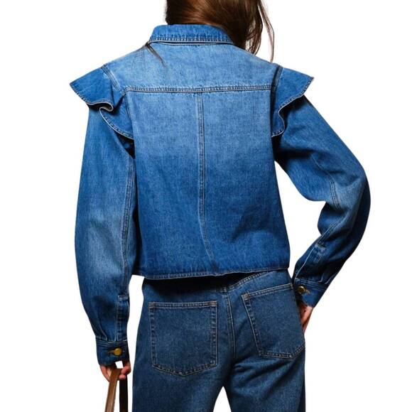 NEW BLUE B diagonal ruffled long sleeves denim jacket in med wash - Picture 2 of 4